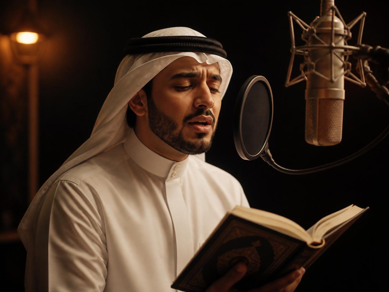 شاب يتلو القرآن أمام ميكروفون الاستوديو